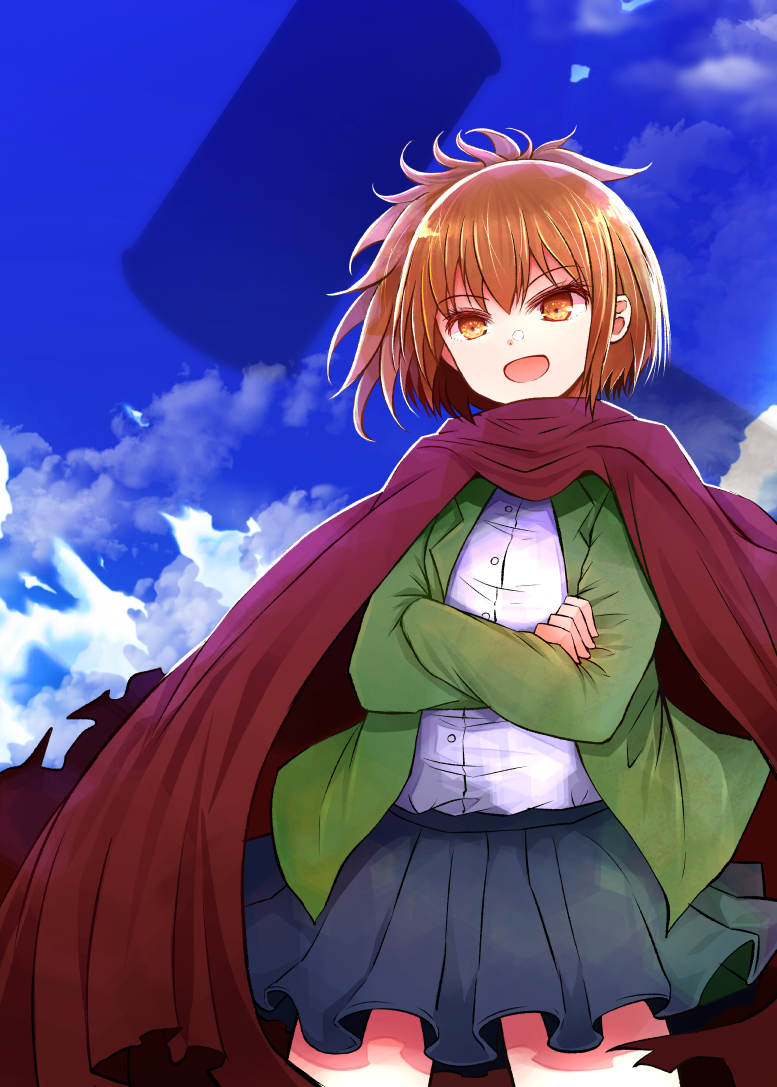 1girl arano_oki asahina_samidare black_skirt blue_sky brown_eyes brown_hair cape clouds cowboy_shot crossed_arms hoshi_no_samidare jacket long_sleeves miniskirt open_clothes open_jacket pleated_skirt ponytail red_cape red_jacket shirt skirt sky solo standing white_shirt