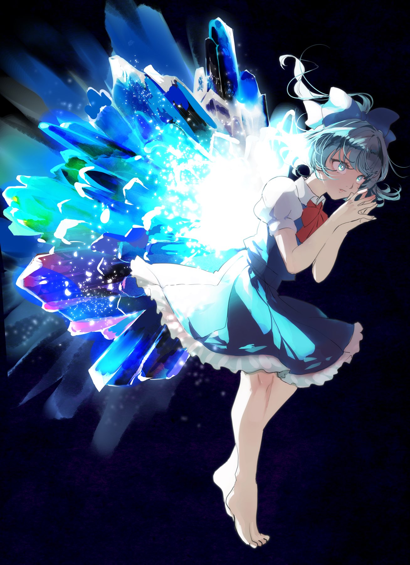 1girl bangs barefoot black_background blue_bow blue_dress blue_eyes blue_hair bow cirno collared_shirt crystal detached_wings dress eyelashes fingernails fingers_together frilled_dress frills glitter glowing glowing_eyes hair_bow highres ice ice_wings kerok_(joniko1110) knees light_particles looking_at_viewer medium_hair own_hands_together pinafore_dress puffy_short_sleeves puffy_sleeves shirt short_sleeves simple_background solo sparkle standing symbol-only_commentary touhou white_shirt wing_collar wings