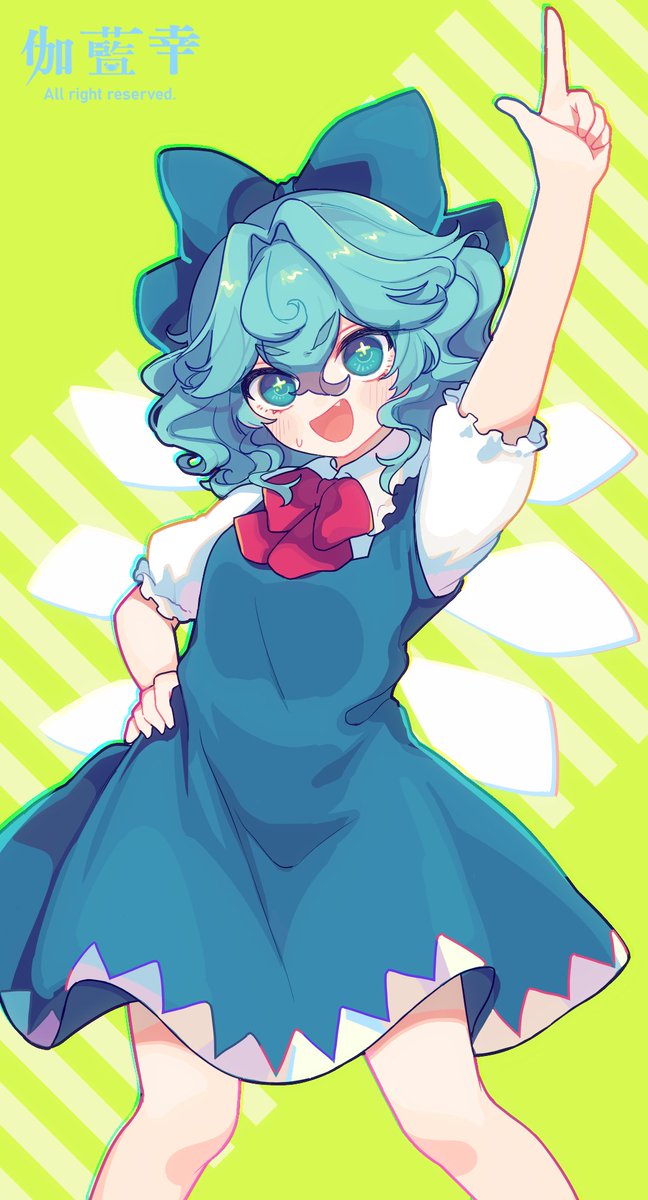 +_+ 1girl arm_above_head arm_up blue_bow blue_dress blue_eyes blue_hair bow bowtie breasts chromatic_aberration cirno commentary_request dress eyebrows_visible_through_hair fang feet_out_of_frame garan_co green_background hair_between_eyes hair_bow hand_on_hip highres ice ice_wings index_finger_raised pinafore_dress puffy_short_sleeves puffy_sleeves red_bow red_bowtie short_hair short_sleeves simple_background small_breasts solo standing thick_eyebrows touhou v-shaped_eyebrows wings