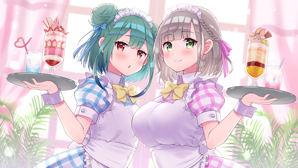 2girls apron bangs bow bowtie braid breasts closed_mouth double_bun dress drinking_straw eyebrows_visible_through_hair food green_eyes green_hair holding holding_tray hololive ice_cream large_breasts looking_at_viewer maid_apron maid_headdress multiple_girls open_mouth puffy_sleeves red_eyes shirogane_noel short_hair short_sleeves silver_hair tray tsukudani_norio upper_body uruha_rushia virtual_youtuber wrist_cuffs