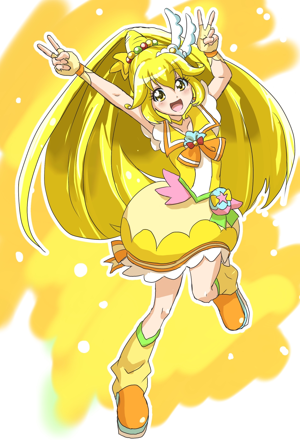 1girl adapted_costume alternate_costume bow choker cosplay cure_papaya cure_papaya_(cosplay) cure_peace eyebrows_visible_through_hair florence_temporary gloves gradient gradient_background hair_between_eyes hair_ornament highres kise_yayoi leg_warmers_past_ankles magical_girl orange_footwear pika_pika_pikarin_jankenpon precure sailor_collar skirt smile_precure! solo tropical-rouge!_precure two-tone_background white_background wide_ponytail yellow_background yellow_bow yellow_choker yellow_gloves yellow_sailor_collar yellow_skirt yellow_theme