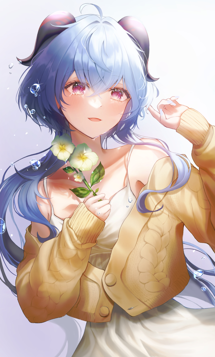 1girl ahoge alternate_costume arm_up armpit_crease bangs bare_shoulders blue_hair blush breasts brown_sweater buttons collarbone curled_horns dress eyebrows_visible_through_hair eyelashes flower ganyu_(genshin_impact) genshin_impact highres hini_ni holding holding_flower horns long_hair long_sleeves open_mouth qingxin_flower red_horns sidelocks standing sweater tearing_up water_drop white_dress white_flower