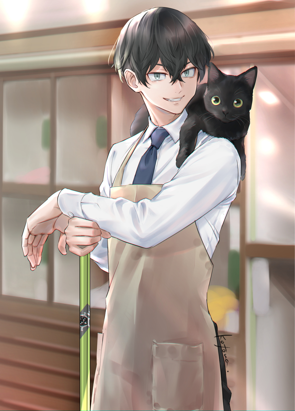 1boy animal animal_on_shoulder apron bangs black_cat black_hair blue_eyes blue_necktie brown_apron cat collared_shirt cowboy_shot cst dress_shirt grin hair_between_eyes highres holding long_sleeves looking_at_viewer male_focus matsuno_chifuyu necktie shirt short_hair smile solo standing tokyo_revengers white_shirt