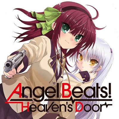 2girls ahoge alternate_costume angel angel_beats! artist_request bangs black_hairband black_legwear blunt_bangs blush bow closed_mouth collared_shirt copyright_name cowboy_shot eyebrows_visible_through_hair from_side green_bow green_eyes gun hair_bow hairband hand_on_own_face handgun head_tilt holding holding_gun holding_weapon long_hair looking_at_viewer lowres multiple_girls pleated_skirt purple_hair red_background shiny shiny_hair shirt skirt solo standing tachibana_kanade thigh-highs tongue tongue_out two-tone_background weapon white_background wrist_cuffs yellow_eyes yuri_(angel_beats!)