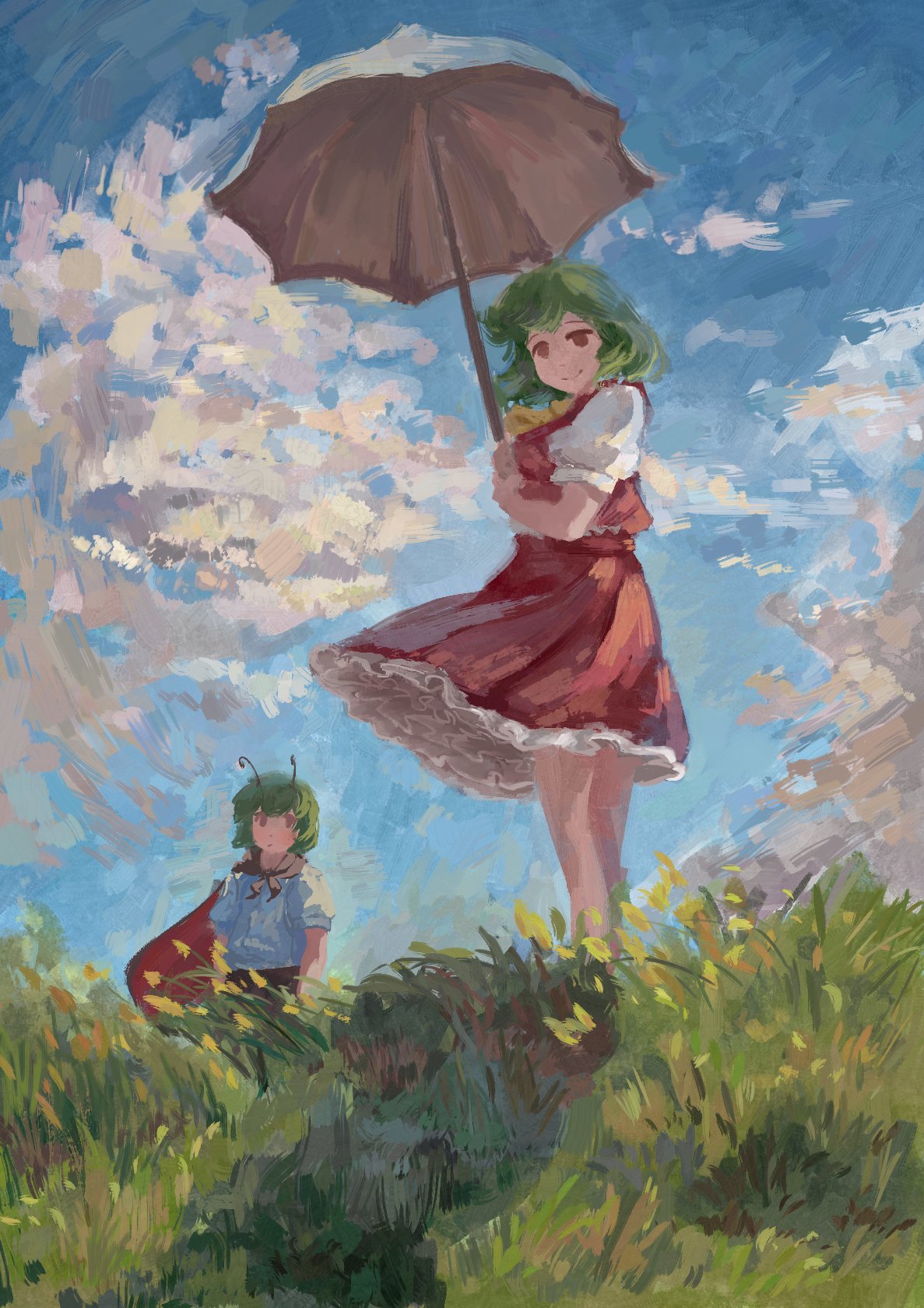 2girls antennae ascot bangs blue_sky breasts cape collared_shirt flat_chest frilled_skirt frills grass green_eyes green_hair highres hyoutan_tan kazami_yuuka landscape long_sleeves medium_skirt multiple_girls outdoors plaid plaid_skirt plaid_vest red_cape red_eyes red_skirt red_vest shirt short_hair skirt skirt_set sky small_breasts touhou two-sided_cape two-sided_fabric vest white_shirt wind wriggle_nightbug