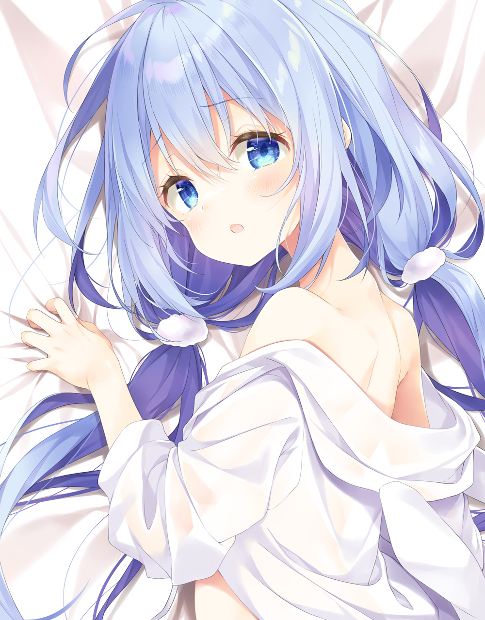 1girl bangs bed_sheet blue_eyes blue_hair dakimakura_(medium) eyebrows_visible_through_hair from_above gochuumon_wa_usagi_desu_ka? hair_between_eyes hair_ornament hair_scrunchie highres kafuu_chino long_hair long_sleeves looking_at_viewer lying mocha_(naturefour) on_side open_mouth scrunchie shiny shiny_hair shoulder_blades solo twintails very_long_hair white_scrunchie