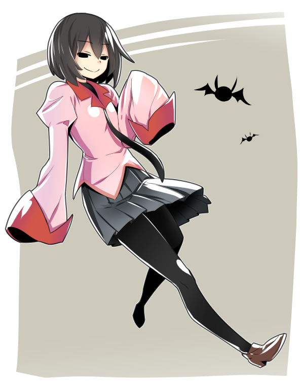 1girl bad_id bad_pixiv_id bat black_eyes black_hair black_legwear black_necktie black_undershirt bob_cut breasts brown_background brown_footwear closed_mouth commentary dress_shirt empty_eyes floating_necktie full_body grey_skirt juliet_sleeves loafers long_sleeves looking_at_viewer monogatari_(series) naoetsu_high_school_uniform necktie osasimi_(overloadetna) oshino_ougi outside_border pantyhose pink_shirt pleated_skirt puffy_sleeves raised_eyebrows running school_uniform shirt shoes short_hair skirt sleeves_past_fingers sleeves_past_wrists small_breasts smile solo