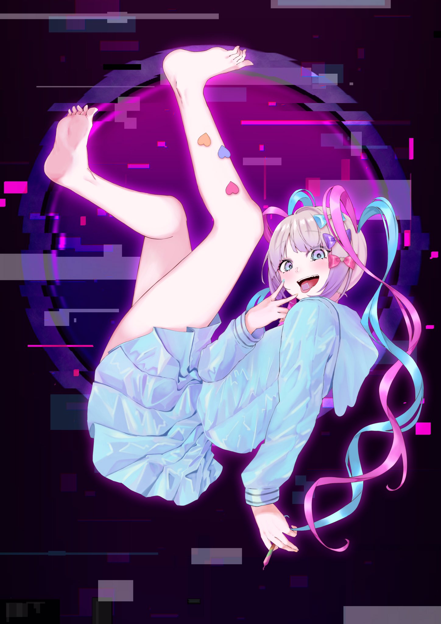 1girl ame-chan_(needy_girl_overdose) barefoot blue_bow blue_eyes blue_hair bow chouzetsusaikawa_tenshi-chan drill_hair drugs floating glitch hair_bow happy heart highres holographic_clothing legs_up looking_at_viewer lsd marijuana multicolored_eyes multicolored_hair needy_girl_overdose open_mouth pink_bow pink_eyes pink_hair purple_bow smile solo sticker teeth thighs toes tongue tongue_out twintails upper_teeth v white_hair zephda