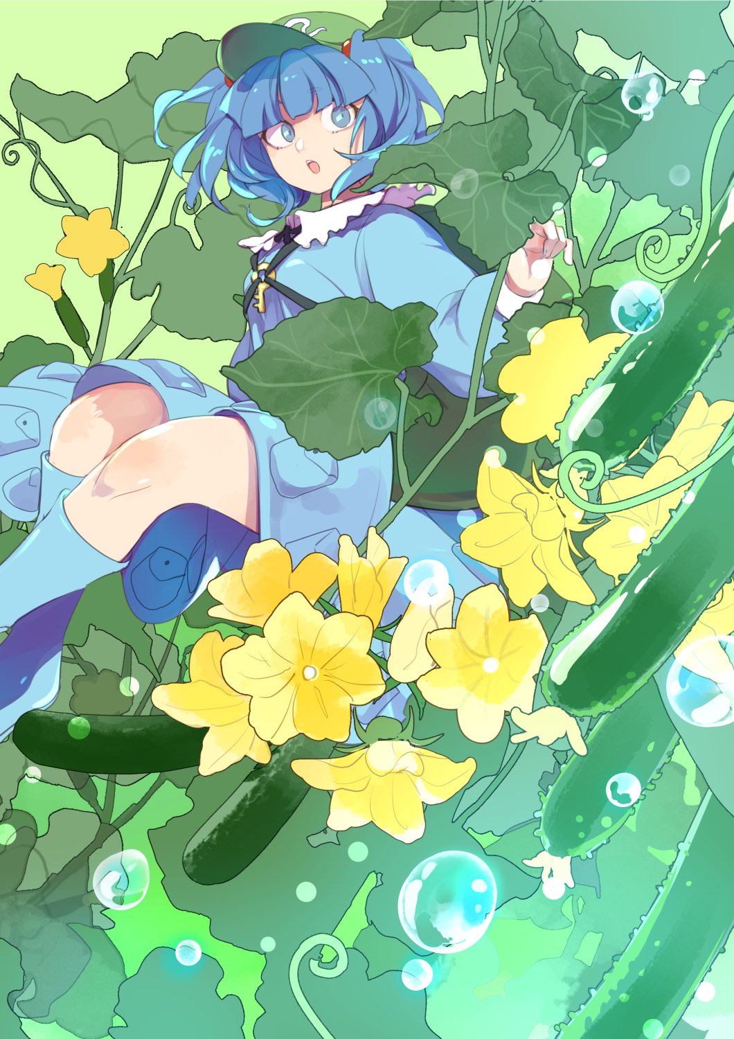 1girl :o backpack bag bangs blue_eyes blue_footwear blue_hair blue_shirt blue_skirt blunt_bangs boots collared_shirt commentary_request cucumber eyelashes flat_cap flower frilled_shirt_collar frills green_headwear hair_bobbles hair_ornament hat highres kawashiro_nitori kerok_(joniko1110) key knees long_sleeves medium_hair plant pocket rubber_boots shiny shiny_hair shirt short_twintails sidelocks simple_background skirt skirt_set solo touhou twintails two_side_up vines water_drop yellow_flower