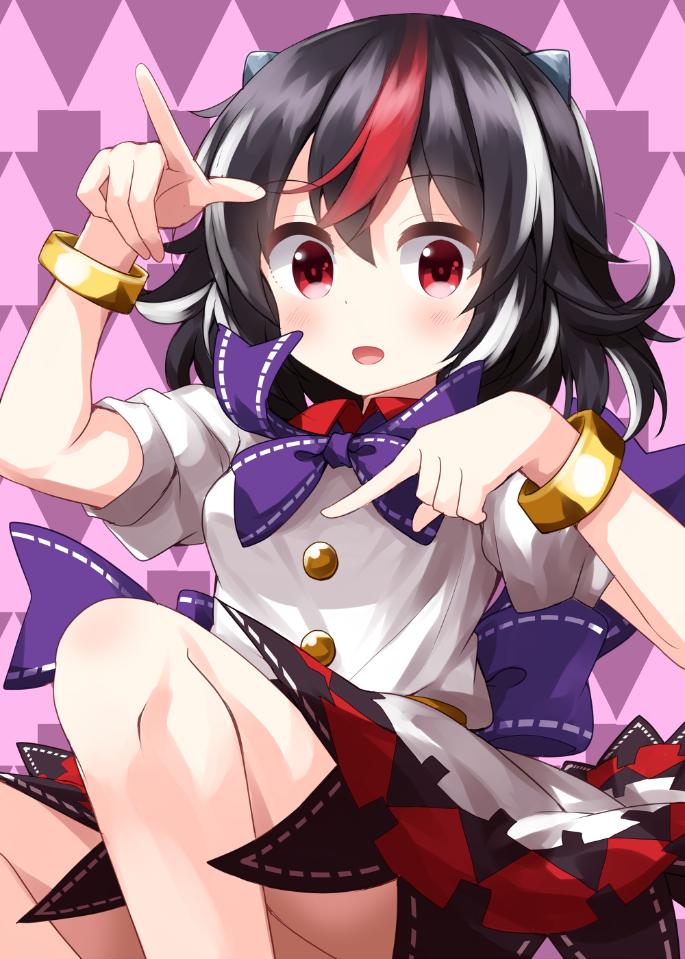 1girl :d arrow_(symbol) arrow_print bangle black_hair black_skirt blue_bow blush bow bracelet breasts buttons eyebrows_visible_through_hair feet_out_of_frame floating hair_between_eyes hands_up highres horns jewelry kijin_seija looking_at_viewer medium_hair multicolored_clothes multicolored_hair multicolored_skirt one-hour_drawing_challenge pointing pointing_down pointing_up puffy_short_sleeves puffy_sleeves purple_background red_eyes red_skirt redhead ruu_(tksymkw) shirt short_sleeves simple_background sitting skirt small_breasts smile solo streaked_hair touhou white_hair white_shirt white_skirt wing_collar