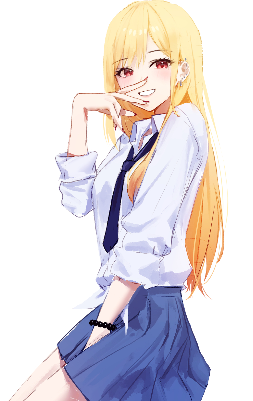 1girl blonde_hair blue_skirt ear_piercing eyebrows_visible_through_hair gnns grin hand_to_own_mouth highres kitagawa_marin long_hair looking_at_viewer loose_necktie nail_polish necktie open_collar piercing pleated_skirt red_eyes school_uniform simple_background skirt sleeves_rolled_up smile solo sono_bisque_doll_wa_koi_wo_suru straight_hair very_long_hair white_background