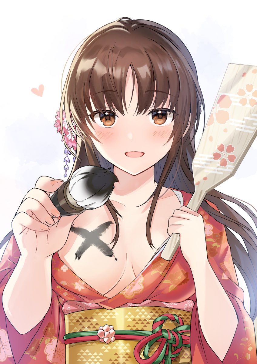 1girl :d bangs blush body_writing breasts brown_eyes brown_hair brush collarbone dot_nose eyebrows_visible_through_hair floral_print flower hair_flower hair_ornament heart highres holding holding_brush japanese_clothes kimono large_breasts long_hair long_sleeves looking_at_viewer obi open_mouth original ribbon sash sidelocks sleeves_rolled_up smile solo tan_(tangent) wide_sleeves