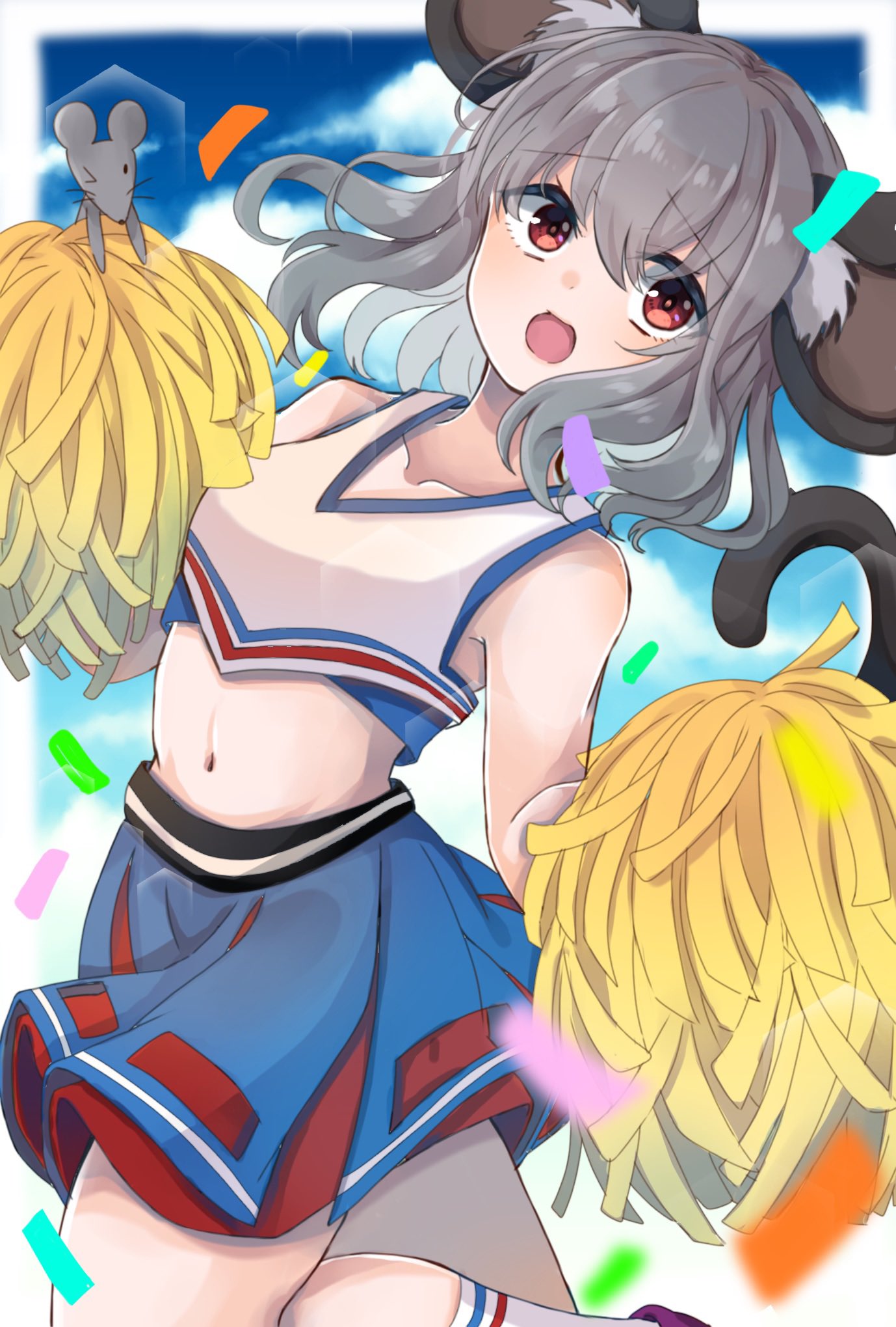 &gt;_o 1girl alternate_costume animal_ears bangs blue_skirt blue_sky border cheerleader clouds commission confetti eyebrows_visible_through_hair gradient_sky grey_hair highres holding holding_pom_poms looking_at_viewer mouse mouse_ears nazrin one_eye_closed open_mouth outdoors pom_pom_(cheerleading) ponta_(wwtaimeww) red_eyes short_hair skeb_commission skirt sky tail tank_top touhou white_border white_legwear white_tank_top