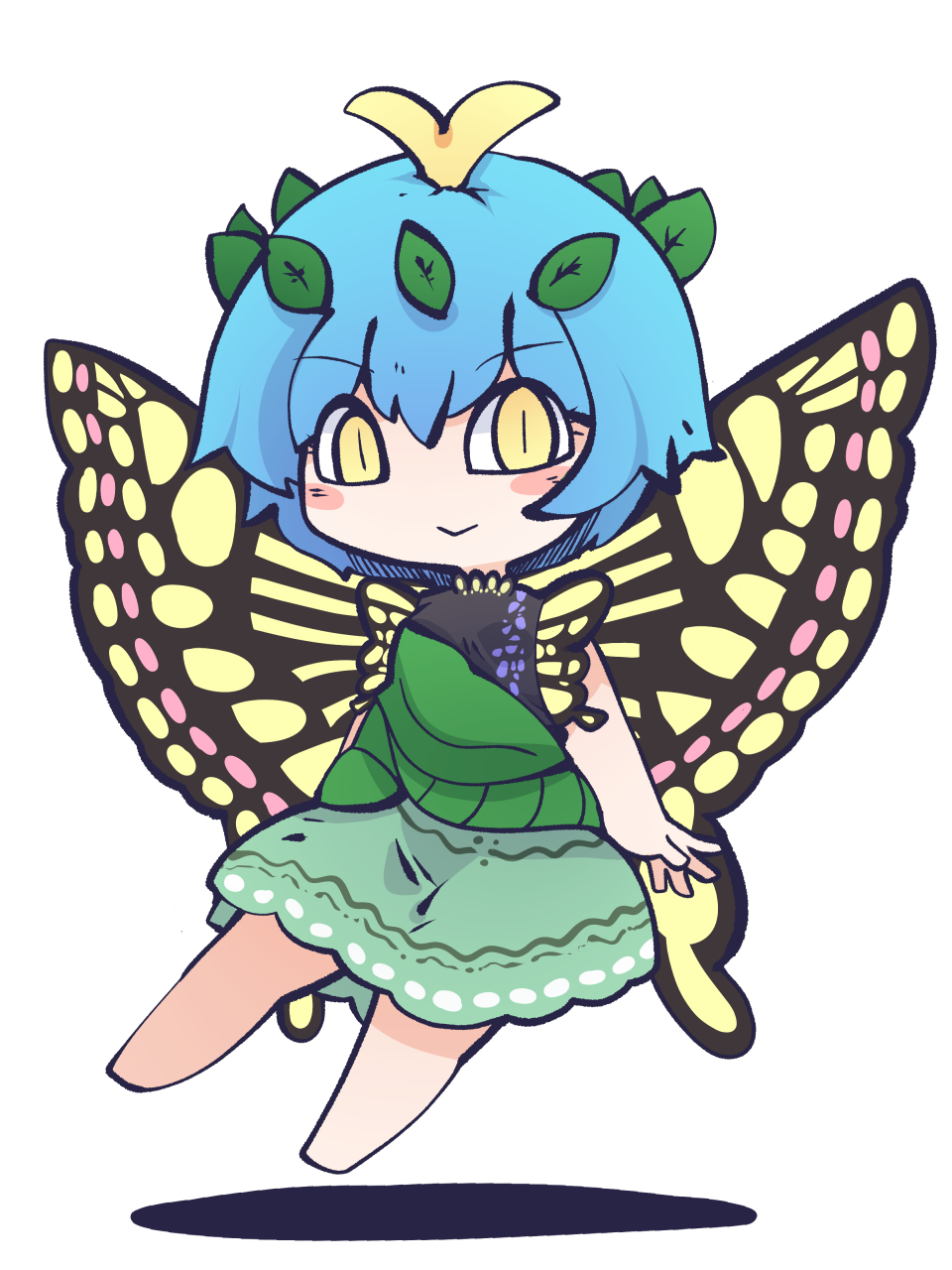 1girl antennae aqua_hair barefoot blush_stickers butterfly_wings closed_mouth dress eternity_larva eyebrows_visible_through_hair fairy fried_rice0614 full_body green_dress hair_between_eyes highres leaf leaf_on_head multicolored_clothes multicolored_dress one-hour_drawing_challenge short_hair short_sleeves simple_background smile solo touhou white_background wings yellow_eyes