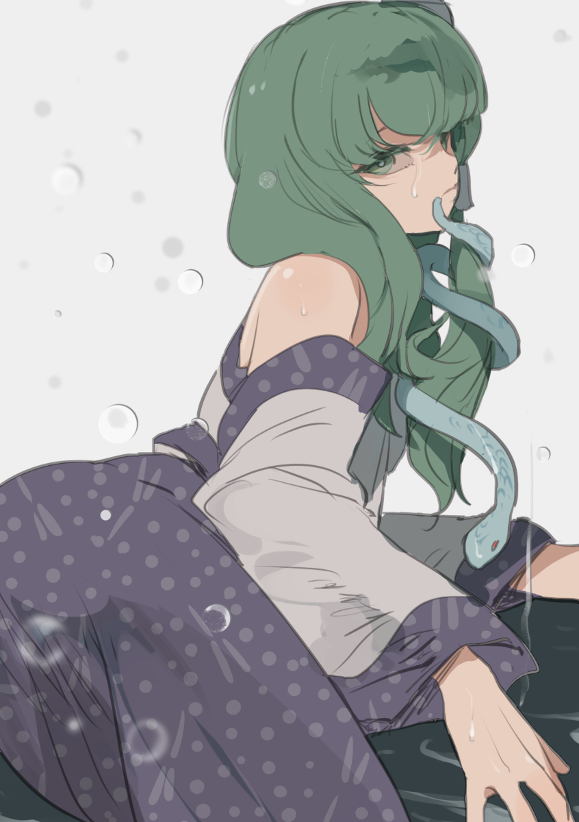1girl bangs bare_shoulders blue_skirt breasts closed_mouth colored_eyelashes detached_sleeves expressionless feet_out_of_frame green_eyes green_hair grey_background hair_ornament highres kerok_(joniko1110) kochiya_sanae large_breasts long_hair looking_at_viewer lying navel nontraditional_miko on_side print_skirt shirt sideways_glance simple_background skirt sleeveless sleeveless_shirt smile snake_hair_ornament solo stick touhou water_drop white_shirt