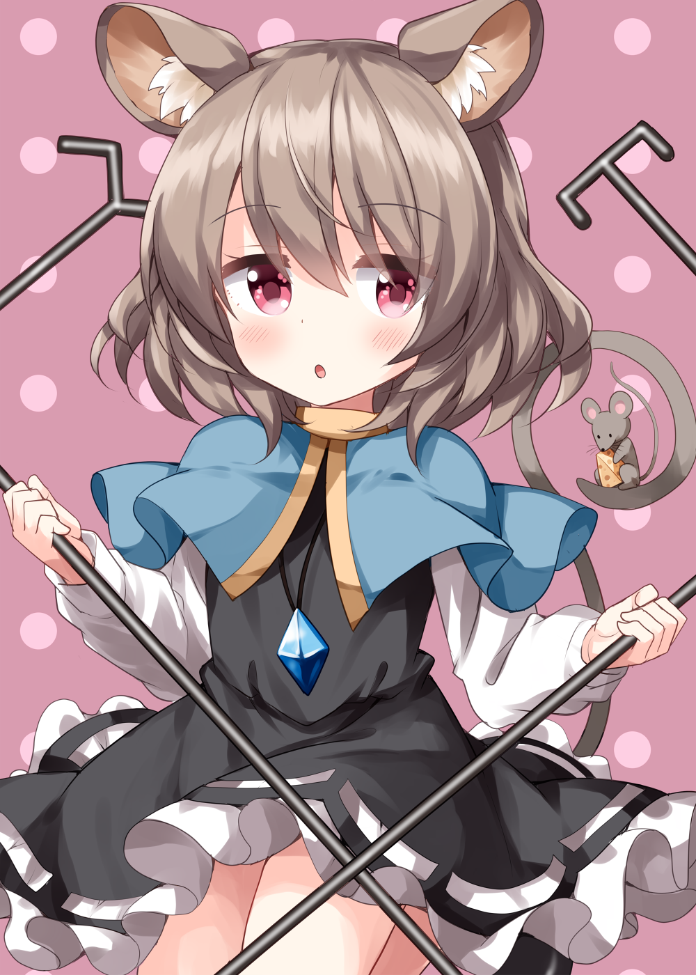 1girl animal animal_ears blue_capelet blush capelet cheese dowsing_rod dress eyebrows_visible_through_hair food grey_dress grey_hair hair_between_eyes highres jewelry long_sleeves mouse mouse_ears mouse_tail nazrin open_mouth pendant red_eyes ruu_(tksymkw) short_hair solo tail touhou