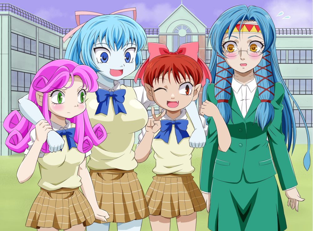 4girls aoi_(gegege_no_kitarou) blue_bow blue_eyes blue_hair blue_skin blush bow bowtie braid breasts building colored_skin curly_hair gegege_no_kitarou glasses green_eyes hair_bow hair_ribbon hands_on_another's_shoulders headband large_breasts medium_breasts miu_(gegege_no_kitarou) multiple_girls nekomusume nekomusume_(gegege_no_kitarou_5) onomekaman pink_bow ponytail purple_hair red_eyes redhead ribbon school school_uniform smile surprised teacher teacher_and_student yellow_eyes zanbia