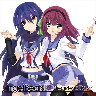 2girls angel_beats! artist_request bangs belt belt_buckle black_belt black_hairband black_legwear blue_sailor_collar blue_skirt blunt_bangs bow breasts buckle character_request closed_mouth collared_shirt copyright_name eyebrows_visible_through_hair green_bow green_eyes hair_between_eyes hair_bow hairband head_tilt long_hair long_sleeves looking_at_viewer lowres midriff miniskirt multiple_girls neckerchief open_mouth pink_neckerchief pleated_skirt purple_hair red_eyes redhead sailor_collar sailor_collar_lift sailor_shirt shinda_sekai_sensen_uniform shiny shiny_hair shirt simple_background skirt thigh-highs tongue tongue_out white_background white_shirt yuri_(angel_beats!) zettai_ryouiki