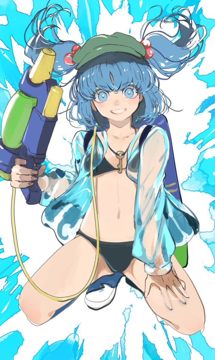 1girl alternate_costume bangs bare_shoulders black_swimsuit blue_eyes blue_hair blunt_bangs blush breasts bright_pupils collarbone commentary_request eyelashes fingernails green_headwear grin hair_bobbles hair_ornament hand_on_own_thigh highres holding holding_water_gun kawashiro_nitori kerok_(joniko1110) key long_sleeves medium_breasts navel open_clothes open_shirt see-through_shirt shiny shiny_hair short_hair simple_background smile solo stomach swimsuit teeth thighs touhou two_side_up water_gun white_background white_pupils