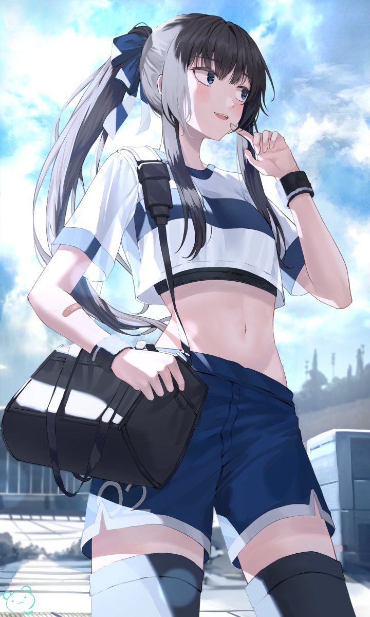 1girl bag black_legwear blue_eyes blue_shorts bow cowboy_shot crop_top crop_top_overhang day duffel_bag hair_bow highres long_hair looking_away midriff navel open_mouth original outdoors ponytail revealing_clothes ruda_(ruda_e) shirt short_shorts short_sleeves shorts sidelocks smile solo standing stomach sweatband thigh-highs white_shirt