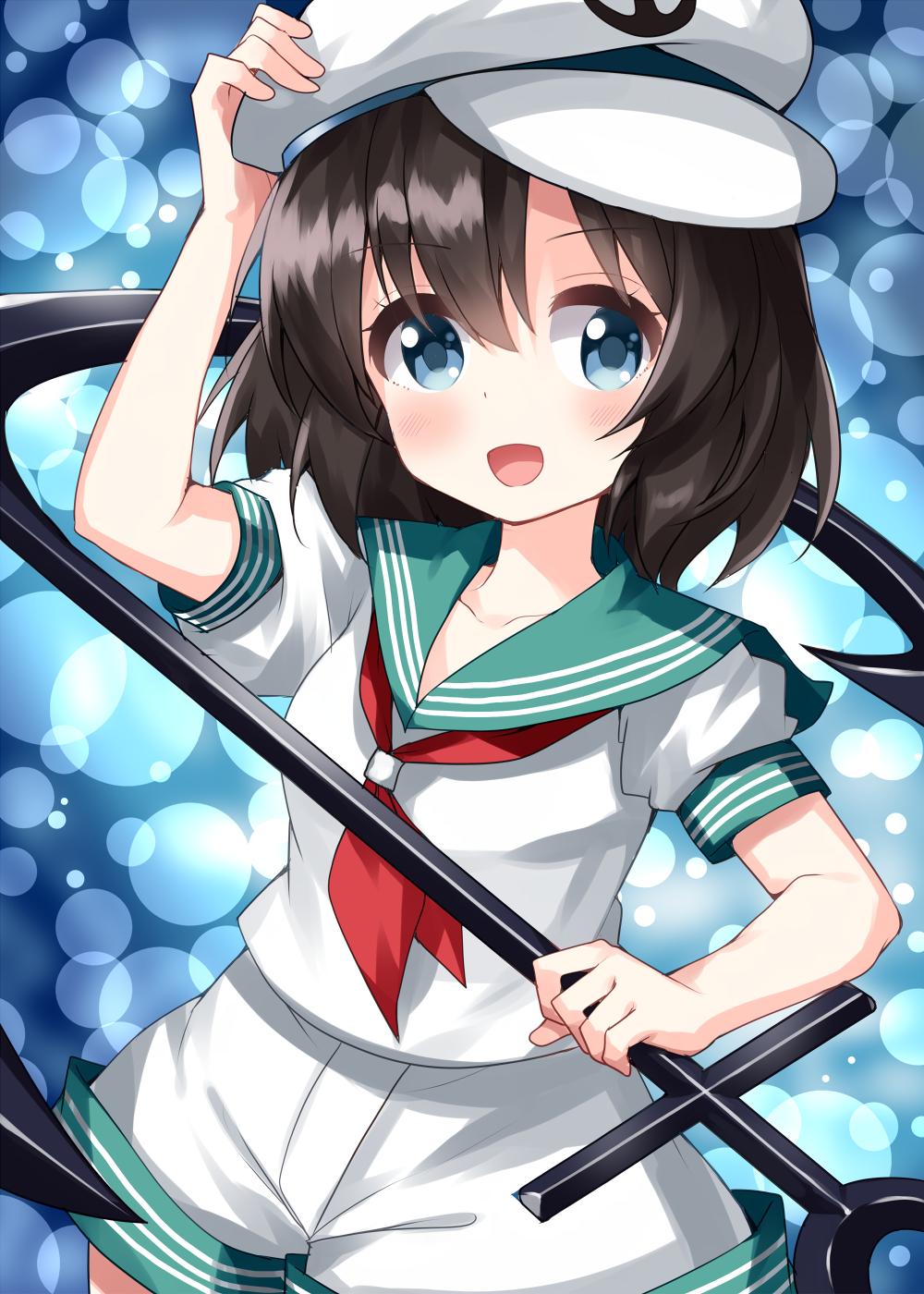 1girl anchor aqua_sailor_collar black_hair blue_eyes blush collarbone eyebrows_visible_through_hair hair_between_eyes hat highres murasa_minamitsu neckerchief open_mouth red_neckerchief ruu_(tksymkw) sailor sailor_collar sailor_hat short_hair short_sleeves shorts smile solo touhou white_headwear white_shorts