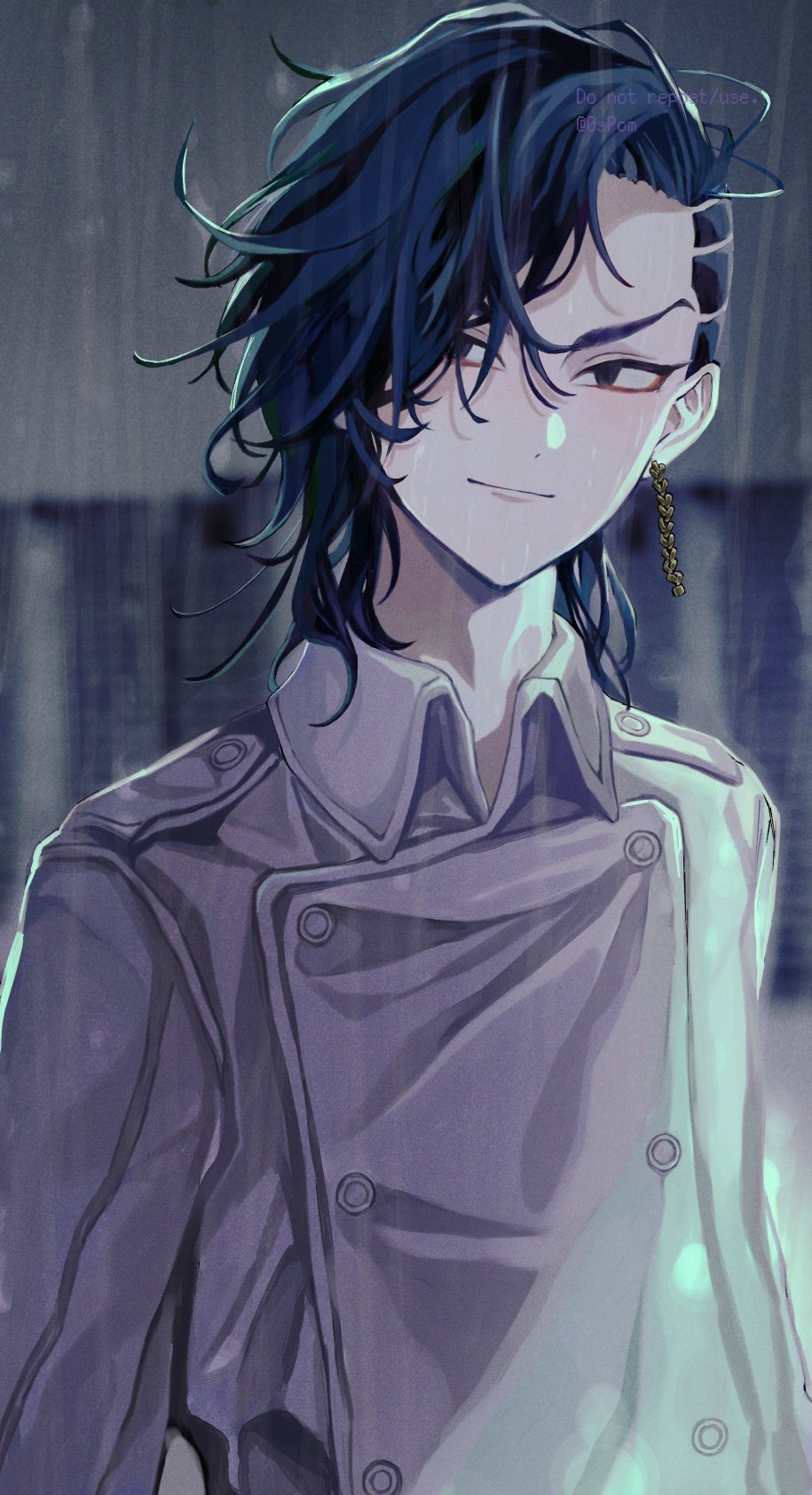 1boy asymmetrical_hair bangs black_eyes black_hair closed_mouth earrings highres jacket jewelry kokonoi_hajime looking_at_viewer lumian_(user_lomen) male_focus rain single_earring smile solo tokyo_revengers tsurime upper_body white_jacket