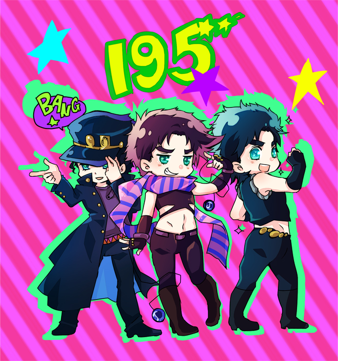 3boys battle_tendency black_hair blue_eyes blue_hair bola_(weapon) brown_hair chibi clenched_hand crop_top gakuran green_eyes grin hat jojo_no_kimyou_na_bouken jonathan_joestar joseph_joestar joseph_joestar_(young) kamabo_ko kujo_jotaro long_coat midriff midriff_peek multiple_boys phantom_blood pointing purple_hair purple_scarf scarf school_uniform smile sparkle stardust_crusaders striped striped_scarf