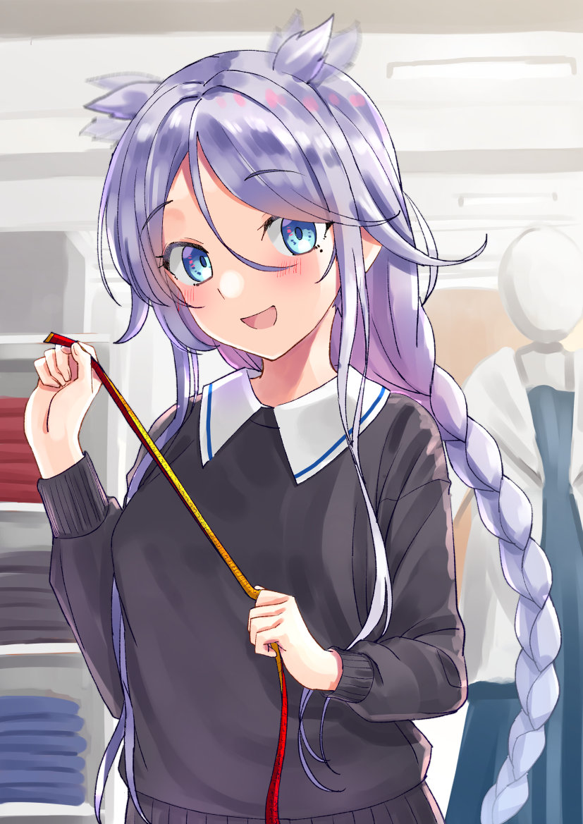 1girl alternate_costume bangs black_sweater blue_eyes braid collar commentary_request hair_flaps hair_over_one_eye kantai_collection long_hair looking_at_viewer mayura2002 mole mole_under_eye parted_bangs silver_hair single_braid solo sweater tape_measure umikaze_(kancolle) umikaze_kai_ni_(kancolle) upper_body very_long_hair white_collar