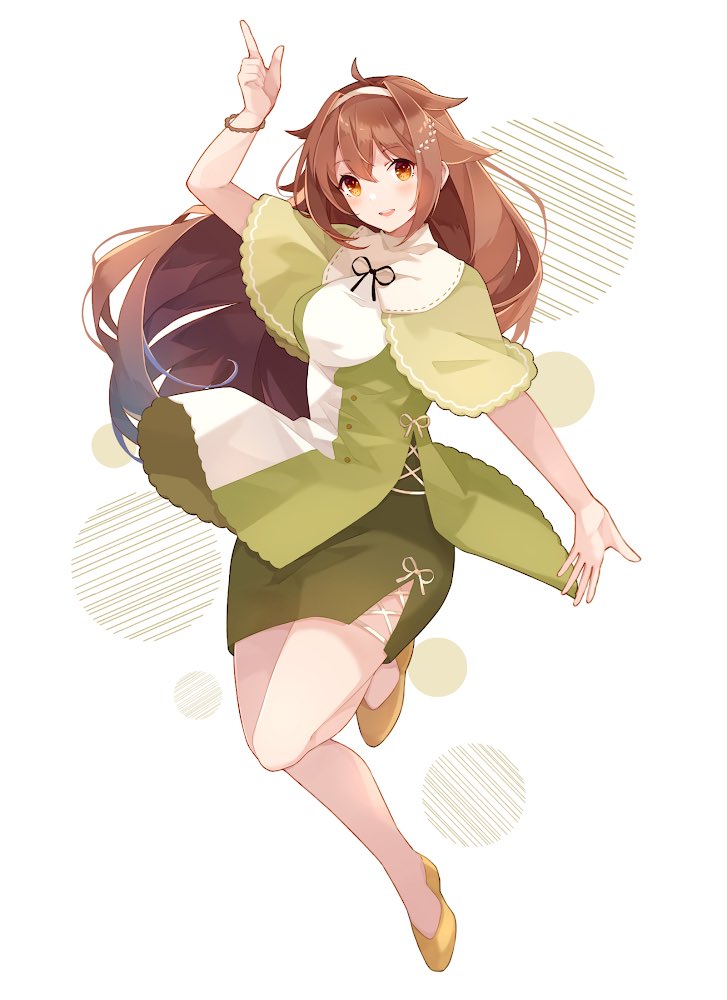 1girl alternate_costume black_ribbon breasts brown_eyes brown_hair capelet dress eyebrows_visible_through_hair full_body green_capelet green_dress hair_between_eyes hairband kantai_collection long_hair open_mouth ribbon shakemi_(sake_mgmgmg) shiratsuyu_(kancolle) shiratsuyu_kai_ni_(kancolle) smile solo white_background white_hairband yellow_footwear