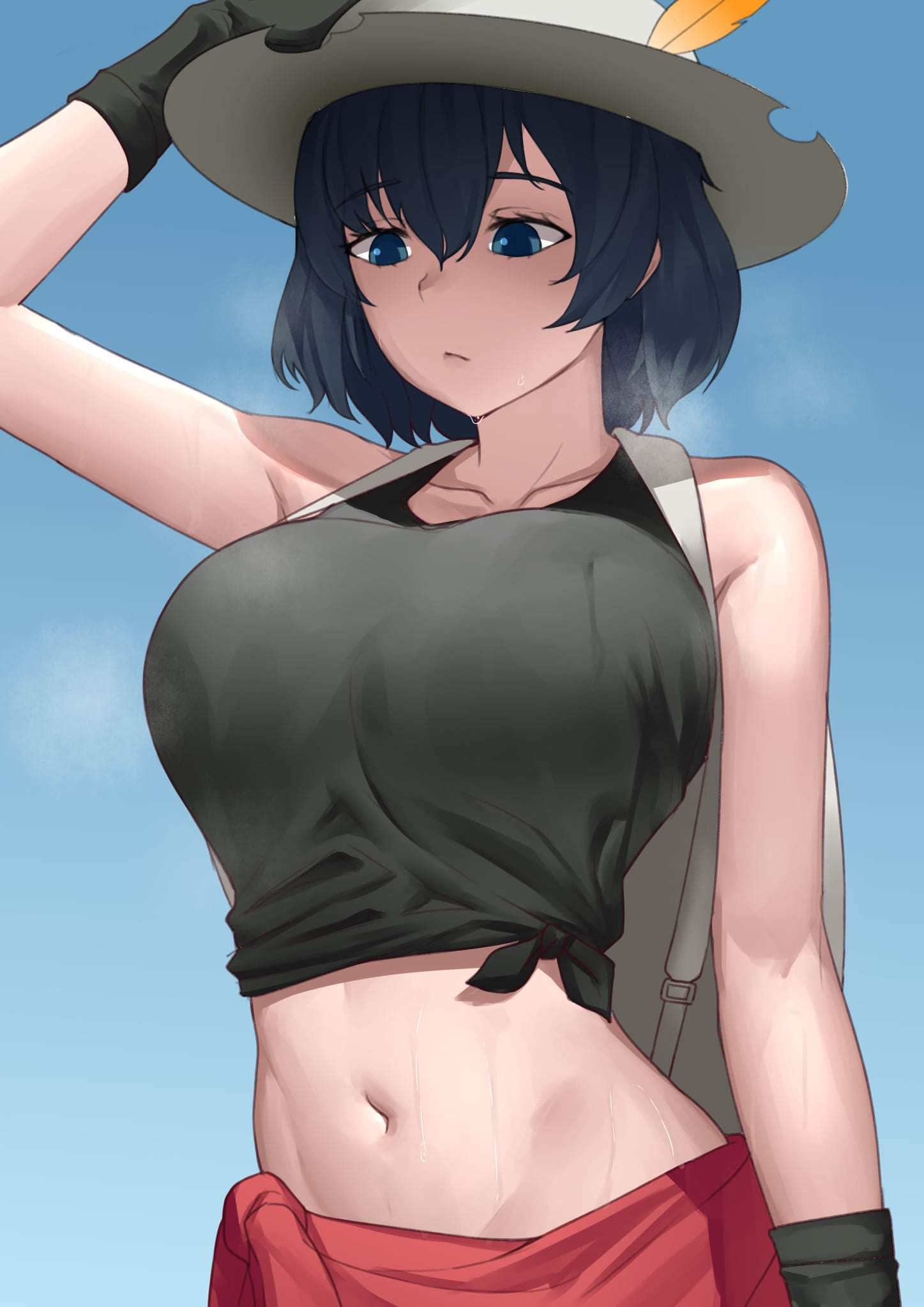 1girl arm_up backpack bag bare_shoulders blue_eyes breasts collarbone eyebrows_visible_through_hair feet_out_of_frame gloves hair_between_eyes hat highres kaban_(kemono_friends) kemono_friends large_breasts looking_down midriff navel outdoors revian_samuel_dani shirt short_hair simple_background sky sleeveless sleeveless_shirt solo steam sweat sweatdrop tied_shirt