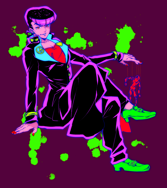 1boy colorful crossed_legs diamond_wa_kudakenai gakuran heart higashikata_josuke jojo_no_kimyou_na_bouken kamabo_ko male_focus nail_polish paint_splatter peace_symbol pompadour red_eyes red_nails school_uniform solo