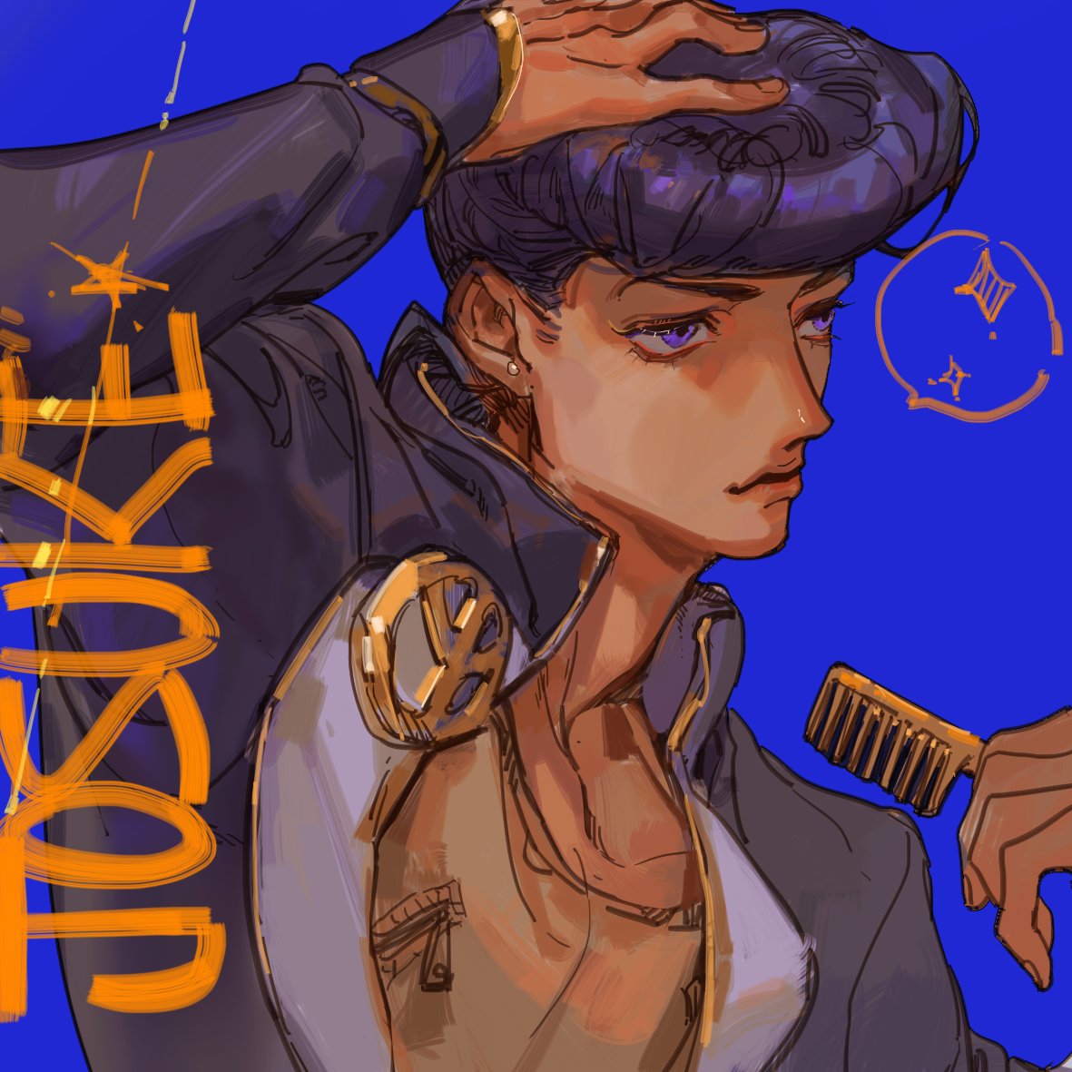 1boy black_hair character_name comb diamond_wa_kudakenai gakuran hand_in_hair higashikata_josuke jojo_no_kimyou_na_bouken male_focus mitus peace_symbol pompadour purple_hair school_uniform solo spoken_sparkle violet_eyes zipper