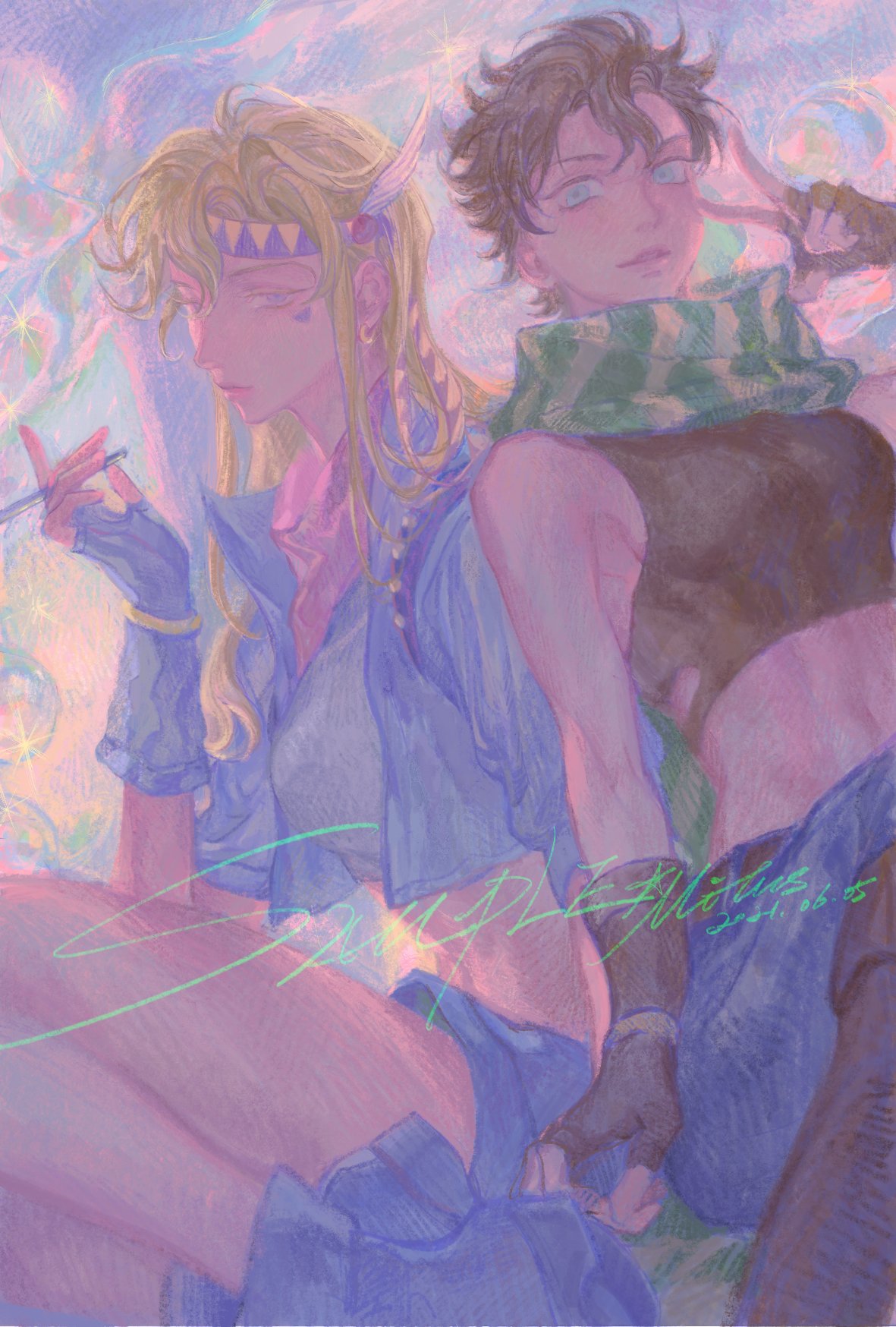 2girls bare_shoulders battle_tendency blonde_hair blue_eyes blue_jacket boots breasts brown_hair bubble caesar_anthonio_zeppeli cropped_shirt denim facial_mark feather_hair_ornament feathers fingerless_gloves genderswap genderswap_(mtf) gloves green_scarf hair_ornament headband highres holding holding_pipe jacket jeans jojo_no_kimyou_na_bouken joseph_joestar joseph_joestar_(young) long_hair midriff mitus multiple_girls pants pastel_colors pink_scarf pipe scarf short_hair shorts sideboob small_breasts sparkle spiky_hair striped striped_scarf toned triangle_print v violet_eyes