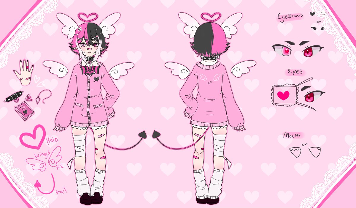 1other androgynous angel_wings bandages bandaid black_hair character_sheet choker collar cupid_(artist) cupid_(vtuber) demon_tail full_body hair_ornament hairclip heterochromia indie_virtual_youtuber multicolored_hair pale_skin pink_eyes pink_hair pointy_ears spiked_collar spikes split-color_hair tail thick_thighs thighs violet_eyes virtual_youtuber wings