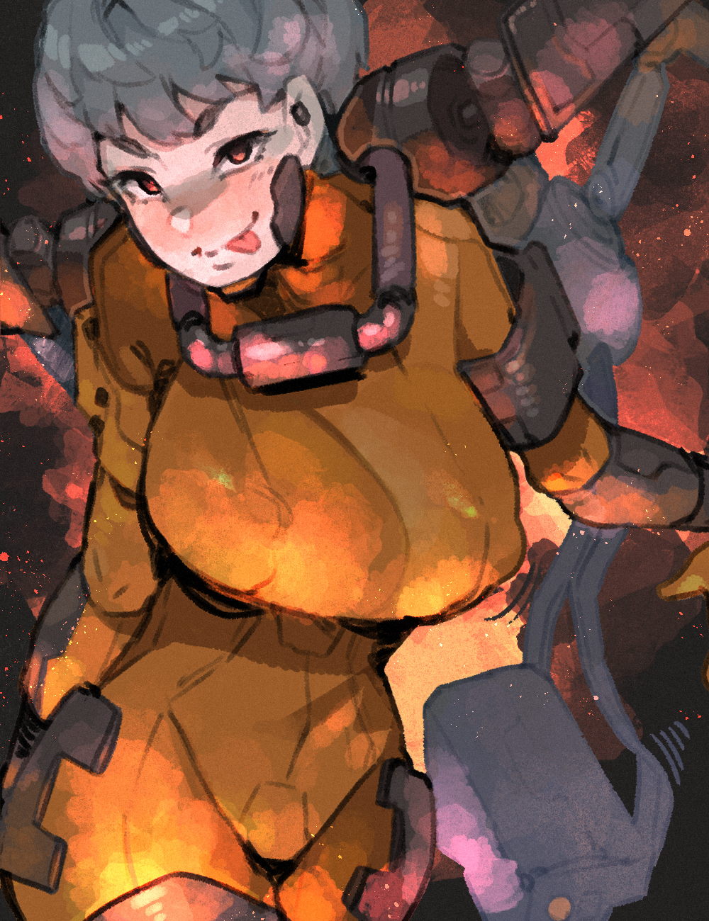 1girl apex_legends backlighting blush bodysuit breasts brown_eyes covered_navel covered_nipples fire grey_hair hair_behind_ear highres jetpack large_breasts leaning_forward makingtawawa missile_pod orange_bodysuit short_hair smile solo v-shaped_eyebrows valkyrie_(apex_legends)