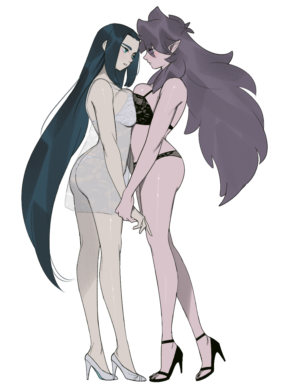 2girls black_bra black_footwear black_hair black_panties bra breast_press breasts eyebrows_visible_through_hair fengxi_(the_legend_of_luoxiaohei) genderswap genderswap_(mtf) high_heels highres large_breasts long_hair mandudaein multiple_girls panties parted_lips pointy_ears profile purple_hair shadow simple_background the_legend_of_luo_xiaohei underwear underwear_only very_long_hair white_background white_bra white_footwear white_panties wuxian_(the_legend_of_luoxiaohei)