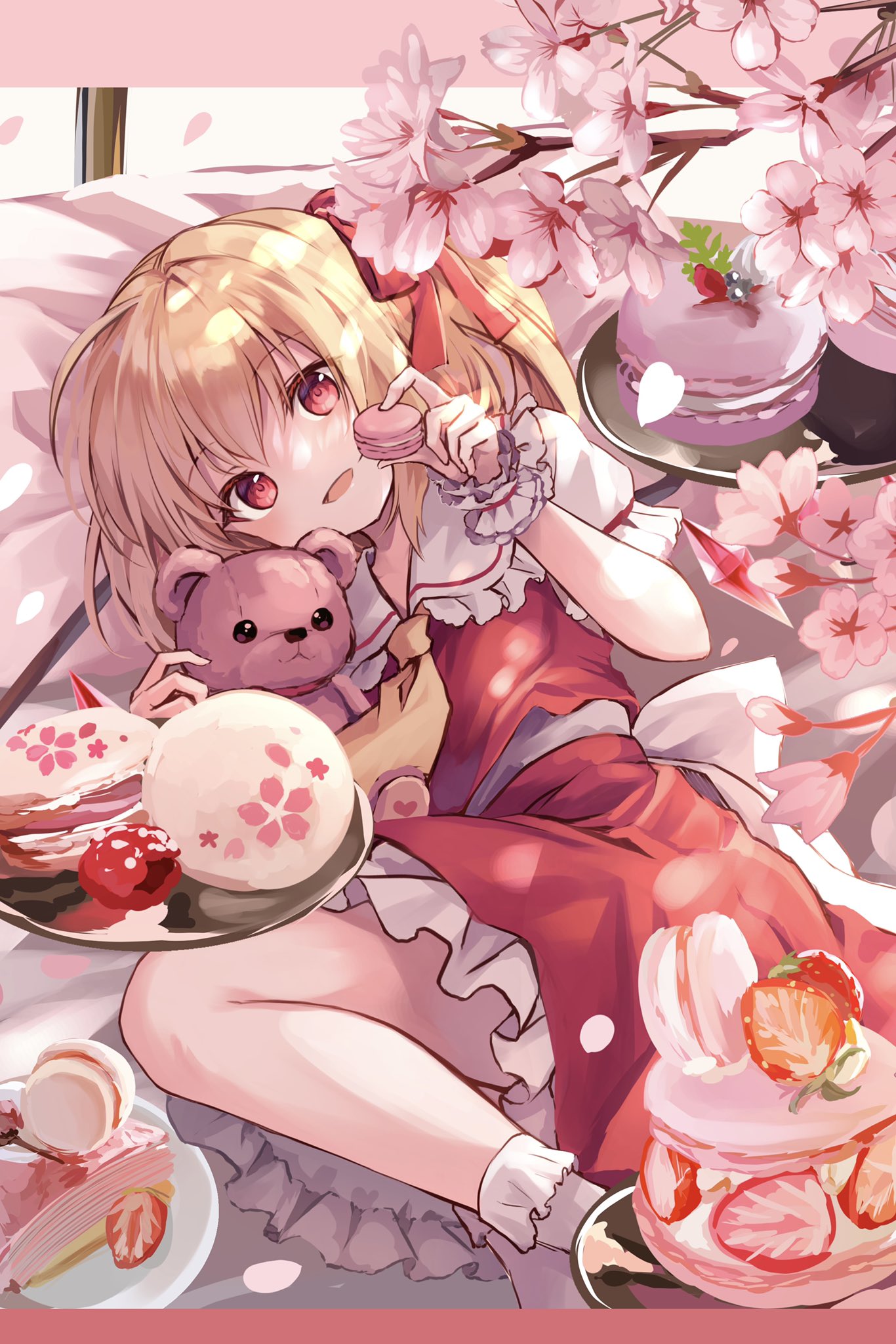 1girl :3 :o ascot back_bow bangs blonde_hair blush bow branch collarbone commentary_request eyelashes falling_petals feet_out_of_frame flandre_scarlet food frilled_shirt_collar frilled_skirt frills highres holding holding_food kure~pu lying macaron no_hat no_headwear on_bed on_side one_side_up open_mouth petals plate puffy_short_sleeves puffy_sleeves red_eyes red_skirt red_vest sash short_hair short_sleeves short_socks skirt solo strawberry_shortcake stuffed_animal stuffed_toy teddy_bear touhou tray vest white_legwear white_sash wings wrist_cuffs yellow_ascot