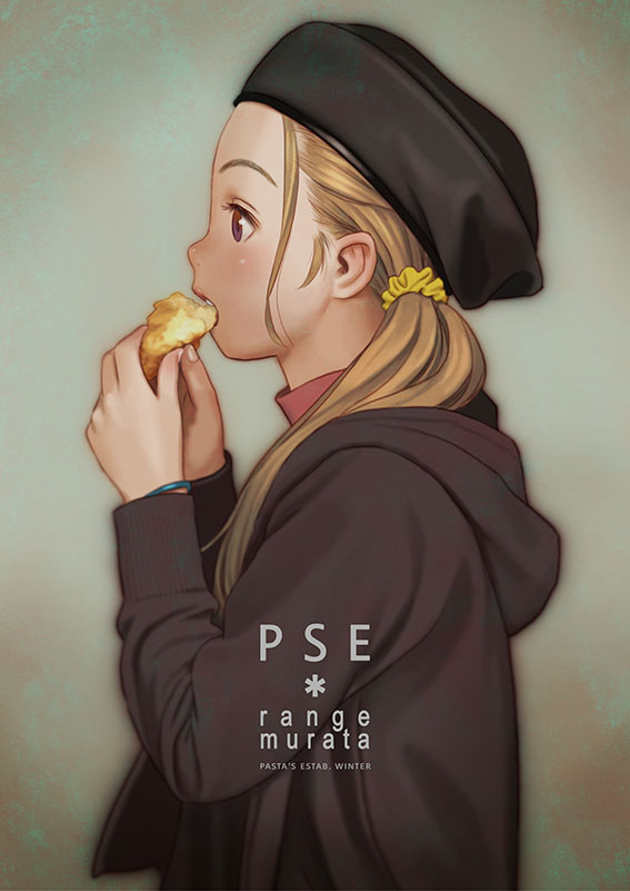 1girl artist_name beret black_headwear black_hoodie blonde_hair bracelet brown_eyes eating food from_side grey_background hair_ornament hair_over_shoulder hair_scrunchie hat holding holding_food hood hoodie jewelry long_hair looking_away murata_range open_mouth original profile scrunchie side_ponytail solo standing upper_body watermark yellow_scrunchie