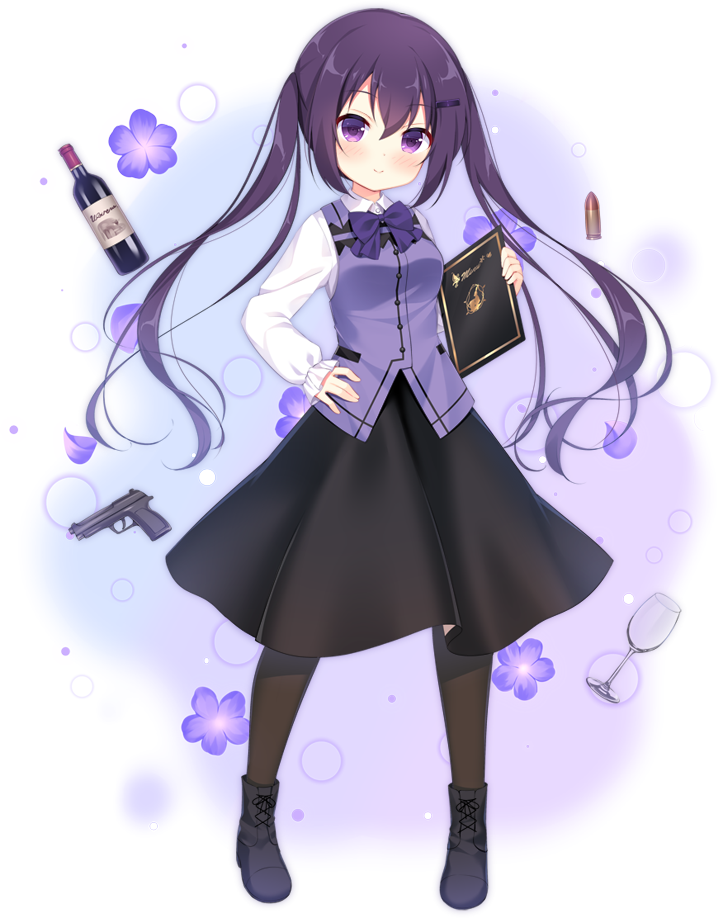 1girl ark_order bangs black_footwear black_legwear black_skirt blue_bow blue_bowtie blue_flower blue_vest blush boots bottle bow bowtie bullet closed_mouth cross-laced_footwear cup drinking_glass flower frilled_sleeves frills gochuumon_wa_usagi_desu_ka? gun hair_ornament hairclip hand_on_hip handgun holding holding_menu ikataruto lace-up_boots long_hair long_sleeves looking_at_viewer menu official_art pantyhose petals puffy_long_sleeves puffy_sleeves purple_hair rabbit_house_uniform shirt sidelocks skirt smile solo split_mouth standing tachi-e tedeza_rize transparent_background twintails very_long_hair vest violet_eyes weapon white_shirt wine_bottle wine_glass
