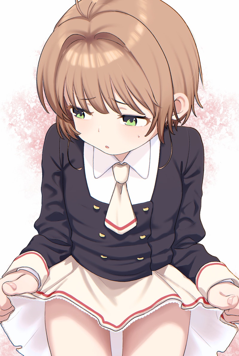 1girl bangs blush bouen buttons cardcaptor_sakura clothes_lift commission double-breasted green_eyes kinomoto_sakura lifted_by_self long_sleeves looking_to_the_side parted_lips school_uniform short_hair simple_background skeb_commission skirt skirt_lift solo sweat tomoeda_elementary_school_uniform upper_body yellow_skirt