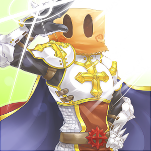1boy armor bag bag_on_head blue_cape breastplate cape chainmail commentary_request cross gauntlets glint hand_on_hip lord_knight_(ragnarok_online) lowres male_focus paper_bag pauldrons ragnarok_online red_cape rouko_(shichizai_shichifuku) salute shoulder_armor solo spiked_gauntlets tabard two-sided_cape two-sided_fabric upper_body