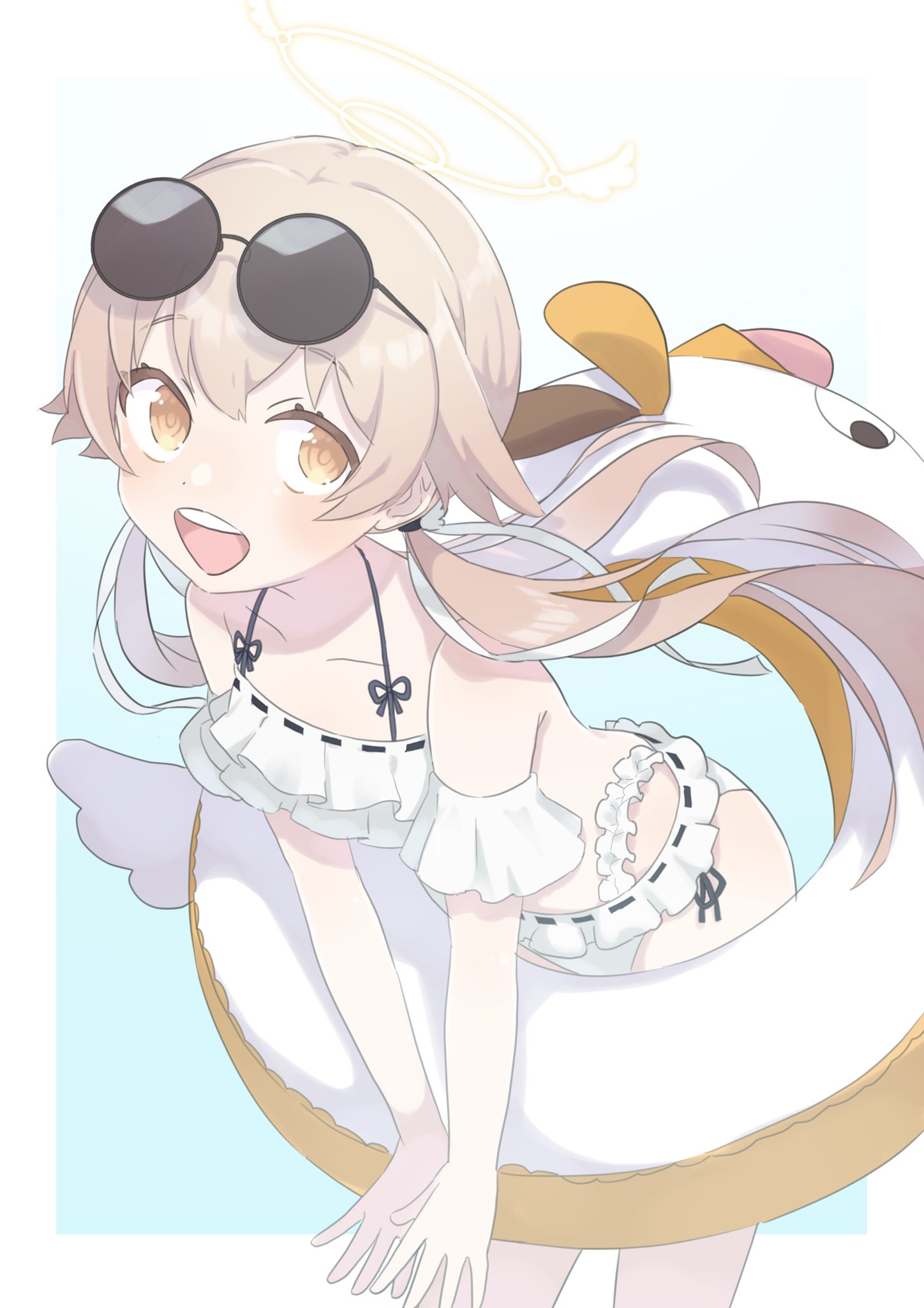 1girl blue_archive eyewear_on_head halo hifumi_(blue_archive) highres innertube leaning_forward light_brown_hair long_hair looking_at_viewer official_alternate_costume open_mouth ribbon-trimmed_swimsuit ribbon_trim simple_background smile solo sunglasses swimsuit todatanoto twintails yellow_eyes