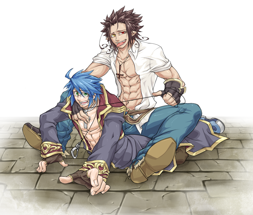 2boys abs ahoge bangs belt black_coat blacksmith_(ragnarok_online) blue_hair blue_pants brown_belt brown_footwear brown_gloves brown_pants choker coat commentary_request cross cross_choker cross_necklace fingerless_gloves full_body glasses gloves green_eyes heterochromia jewelry long_sleeves looking_at_viewer male_focus medium_hair multiple_boys muscular muscular_male necklace open_clothes open_coat open_mouth open_shirt pants priest_(ragnarok_online) ragnarok_online red_coat red_eyes rouko_(shichizai_shichifuku) shirt shoes short_hair short_sleeves sitting sitting_on_person smile tongue tongue_out two-tone_coat white_shirt yellow_eyes