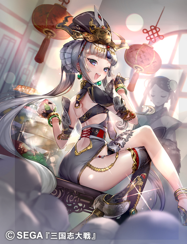 2girls asymmetrical_legwear blue_eyes company_name copyright copyright_name crossed_legs earrings food fruit hands_up hitowa holding holding_food holding_fruit jewelry long_hair looking_at_viewer looking_back mismatched_legwear multiple_girls official_art on_chair open_mouth sengoku_taisen silver_hair sitting smile solo_focus thigh-highs