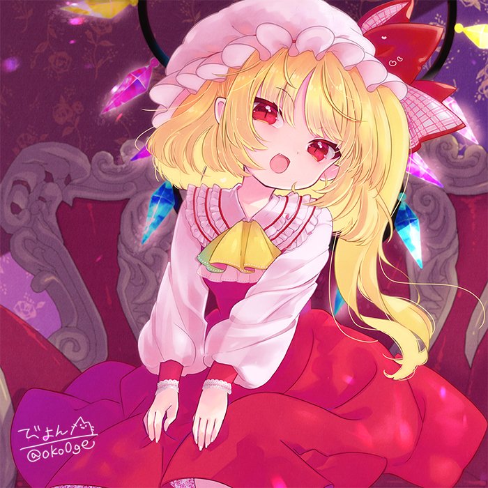 1girl ascot bangs biyon commission crystal eyebrows_visible_through_hair flandre_scarlet hat hat_ribbon long_hair long_sleeves looking_at_viewer mob_cap one_side_up open_mouth red_eyes red_ribbon ribbon signature skeb_commission solo touhou twitter_username white_headwear wings yellow_ascot