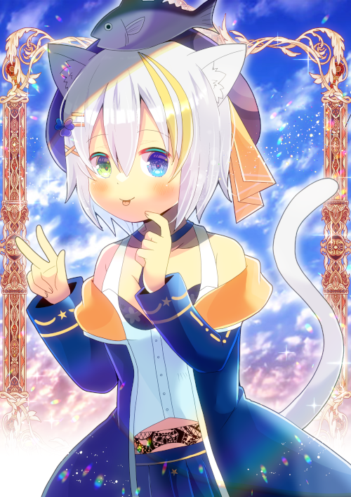 1girl :p animal_ear_fluff animal_ears bare_shoulders beret black_headwear blonde_hair blue_choker blue_eyes blue_jacket blue_skirt blush camisole cat_ears cat_girl cat_tail choker closed_mouth collarbone commentary_request commission fish green_eyes grey_hair hands_up hat heterochromia jacket kou_hiyoyo multicolored_hair off-shoulder_jacket off_shoulder original pleated_skirt skeb_commission skirt smile solo streaked_hair tail tongue tongue_out white_camisole