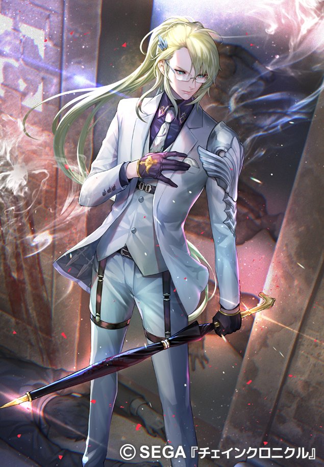 1boy blonde_hair chain_chronicle character_name closed_mouth collared_shirt company_name copyright copyright_name feet_out_of_frame glasses green_eyes hitowa holding holding_umbrella jacket long_hair looking_to_the_side necktie official_art open_clothes open_jacket pants ponytail shirt smoke solo standing umbrella waistcoat