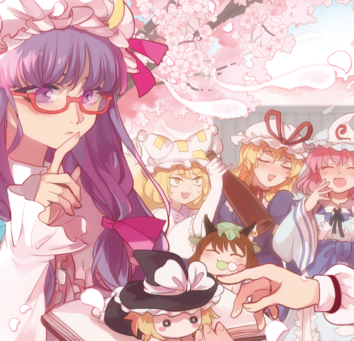 6+girls :3 :d alice_margatroid animal_ear_fluff animal_ears arm_up bangs black_headwear blonde_hair blue_kimono blue_ribbon blush book bottle bow branch cat_ears chen cherry_blossoms chibi choker closed_eyes closed_mouth commentary_request crescent crescent_hat_ornament dress earrings eating falling_petals fingernails food_in_mouth fox_tail green_headwear hair_ribbon hanami happy hat hat_bow hat_ornament hat_ribbon hitodama holding holding_book holding_bottle japanese_clothes jewelry kerok_(joniko1110) kimono kirisame_marisa kitsune laughing leaning_on_person long_hair long_sleeves mob_cap multiple_girls multiple_tails obi open_mouth party patchouli_knowledge petals pillow_hat pink_dress pink_hair pink_headwear puffy_sleeves purple_hair red_bow red_choker red_ribbon ribbon ribbon_choker rimless_eyewear saigyouji_yuyuko sash short_hair sidelocks single_earring smile solid_circle_eyes standing sweatdrop tail touhou tress_ribbon violet_eyes white_bow white_ribbon wine_bottle witch_hat yakumo_ran yakumo_yukari yellow_eyes