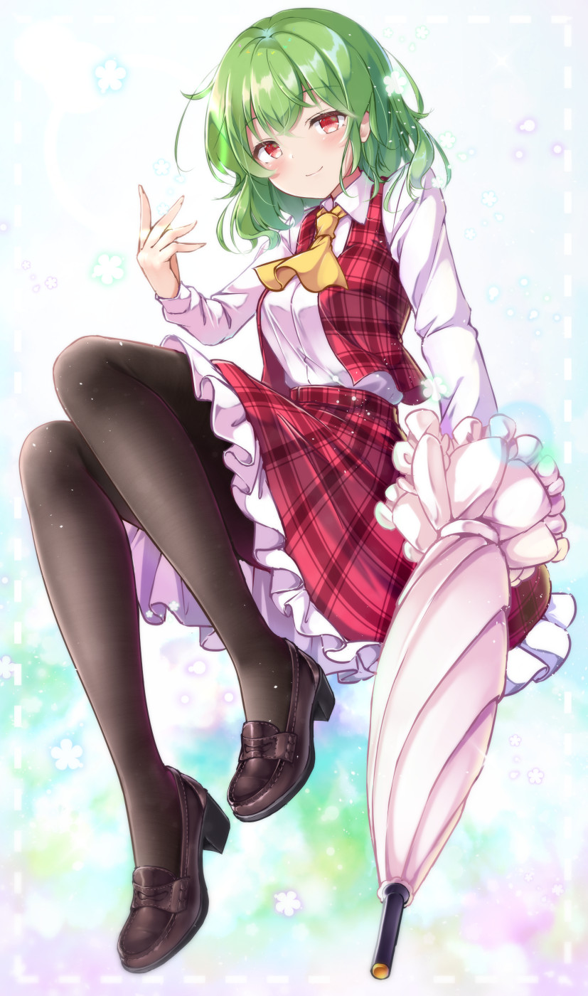 1girl ahoge aka_tawashi ascot bangs black_legwear blush breasts brown_footwear buttons closed_mouth commentary_request crossed_bangs eyebrows_visible_through_hair full_body green_hair hair_between_eyes highres holding holding_umbrella kazami_yuuka large_breasts loafers long_sleeves looking_at_viewer open_clothes open_vest pantyhose petticoat pink_background plaid plaid_skirt plaid_vest red_eyes red_skirt red_vest shirt shoes short_hair simple_background skirt skirt_set smile solo standing touhou umbrella vest white_shirt yellow_ascot