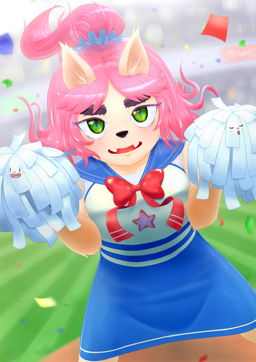 animal_ears big_eyes blush cat cat_ears cat_girl cheerleader closed_eyes confetti creepycrawly fangs furry furry_female green_pupils highres nose open_mouth pink_hair pink_nose pom_pom_(cheerleading) red_ribbon ribbon short_twintails single_eye sleeping summer_camp_island susie_sci twintails